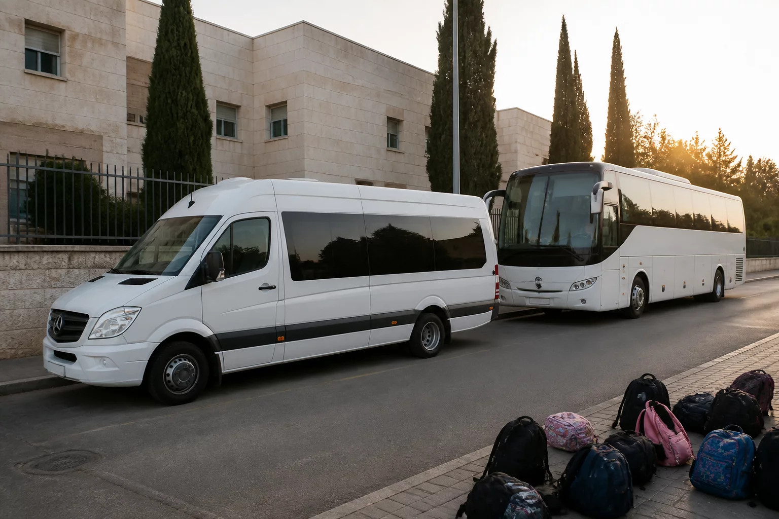 מיניבוס ואוטובוס הסעות בכניסה לבית ספר בשעת בוקר - הסעות תלמידים מסיעי כל גיל