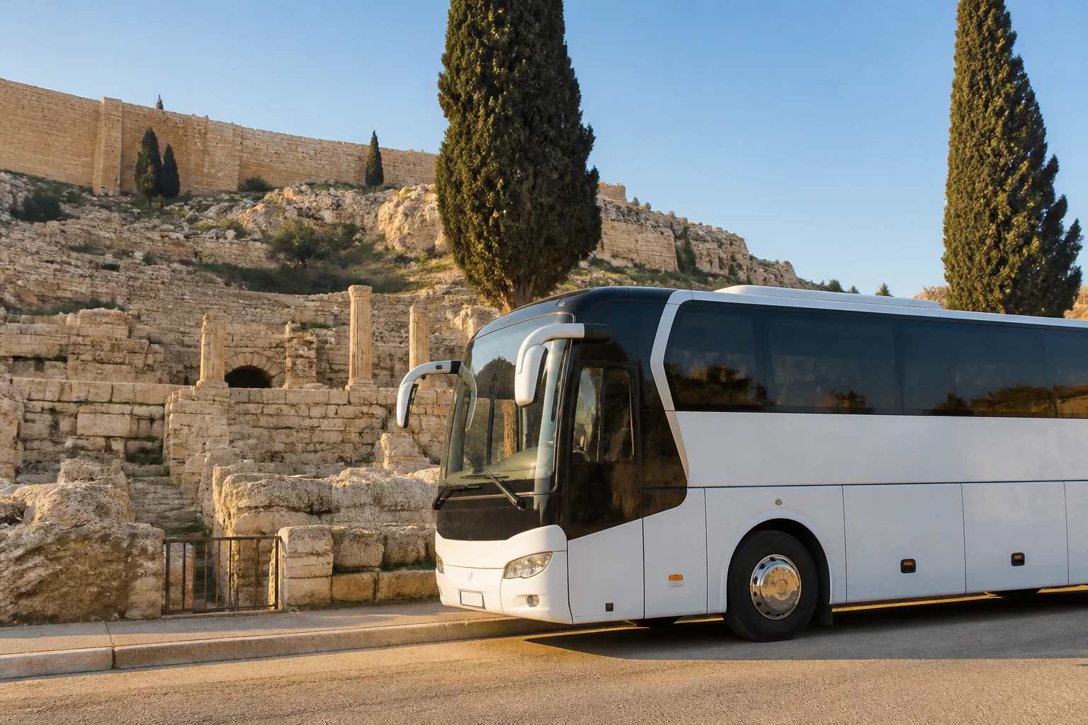אוטובוס תיירים חונה ליד אתר עתיקות בישראל - הסעות תיירים מסיעי כל גיל